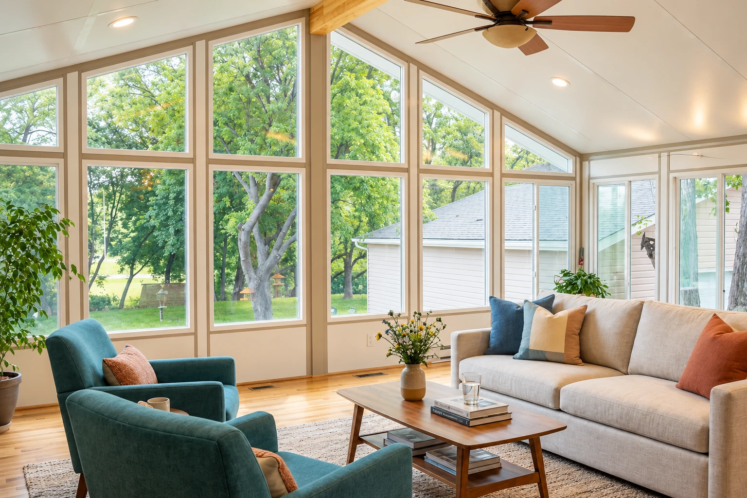 Bright four-season sunroom with tall grid windows, a vaulted ceiling, and teal chairs facing a beige sofa.