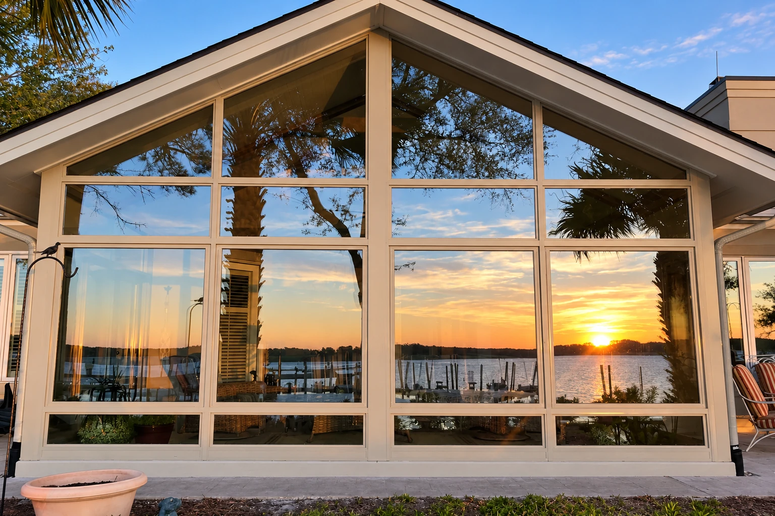 A gabled sunroom with large white-framed windows reflects a sunset over the water.