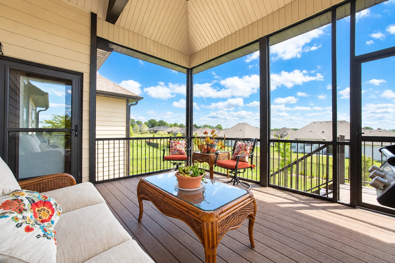 Screened deck enclosure with dark framing, wicker furniture, and views of neighboring homes and lawns.