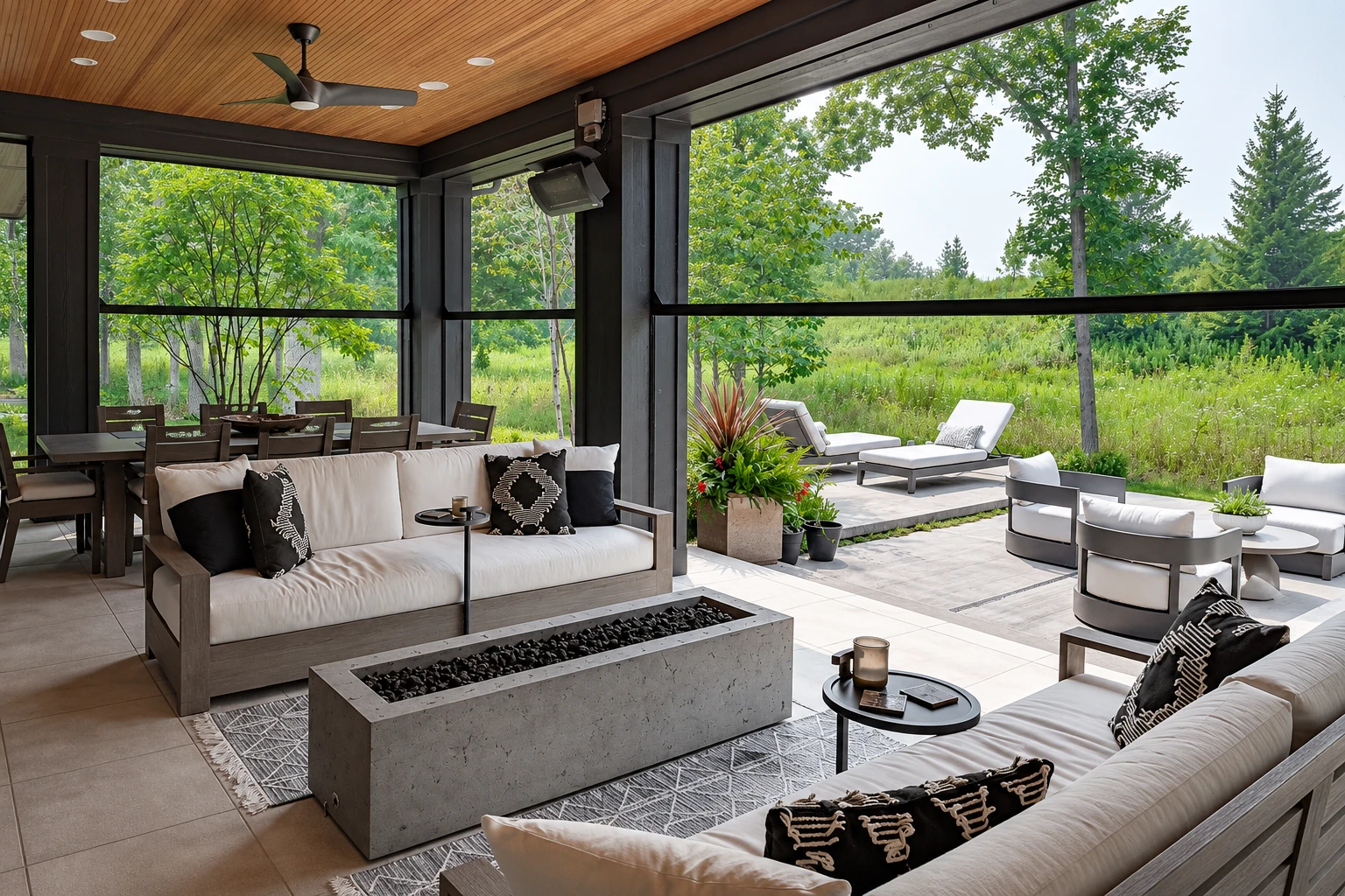 Enclosed patio room with dark framing, a wood-paneled ceiling, and cushioned seating beside an open garden patio.