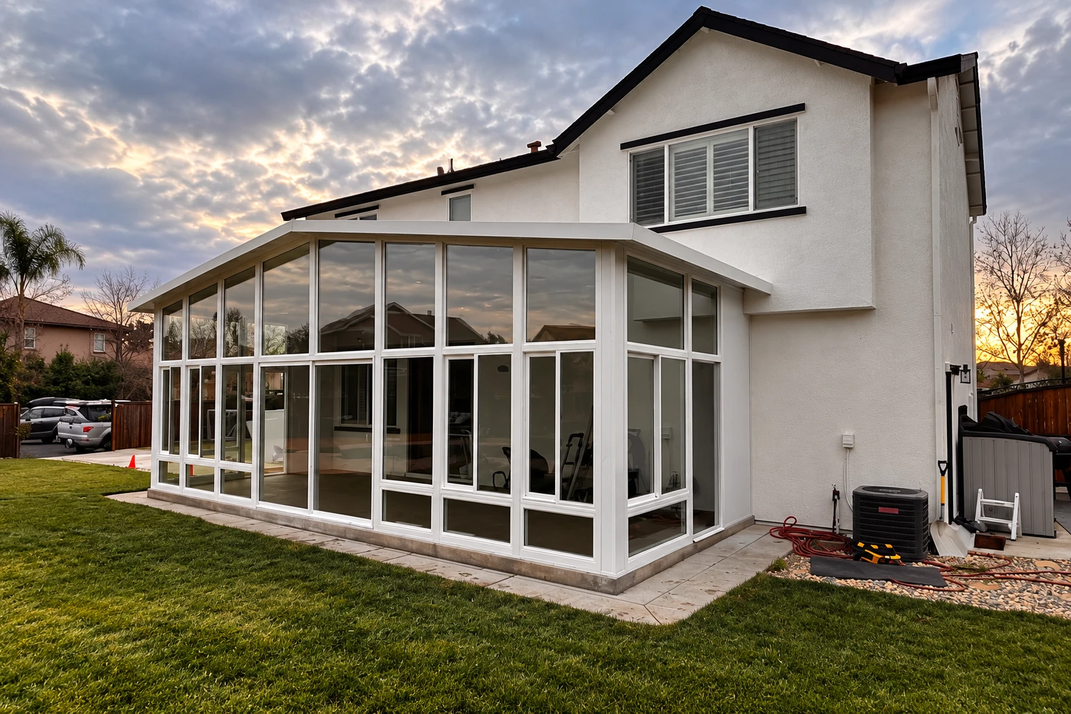 White-framed four-season sunroom attached to a two-story home, with broad windows overlooking a lawn at sunset.