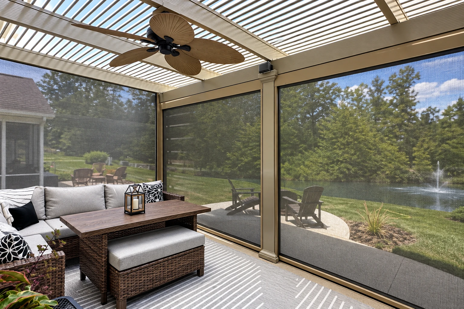Screened patio enclosure with a slatted roof, ceiling fan, wicker seating and views of a pond and lawn.