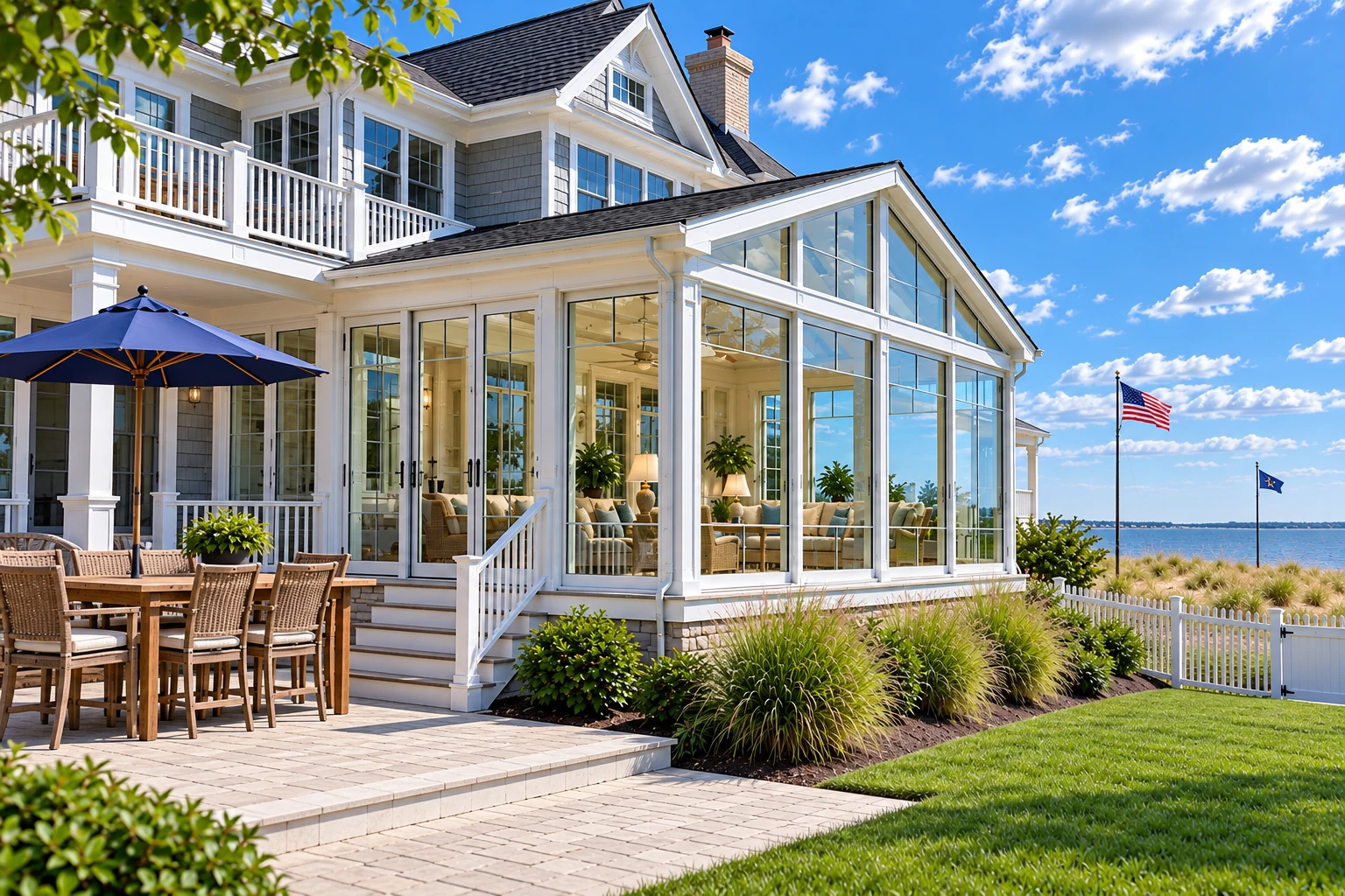 White-framed glass sunroom addition beside a patio dining area, overlooking a lawn and waterfront.