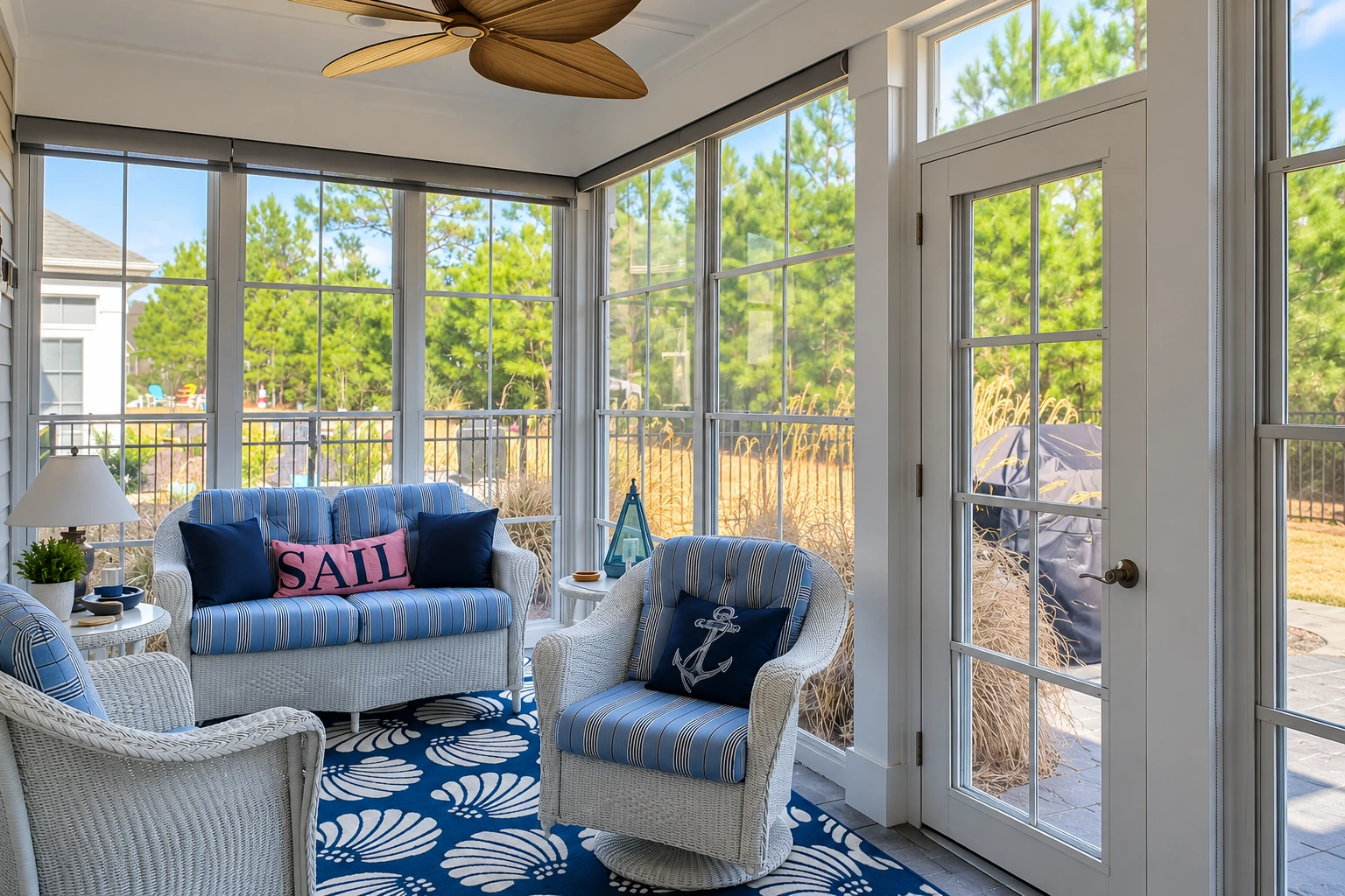 Bright patio-to-sunroom conversion with tall windows, blue-and-white wicker seating, and a glass door opening to the yard.