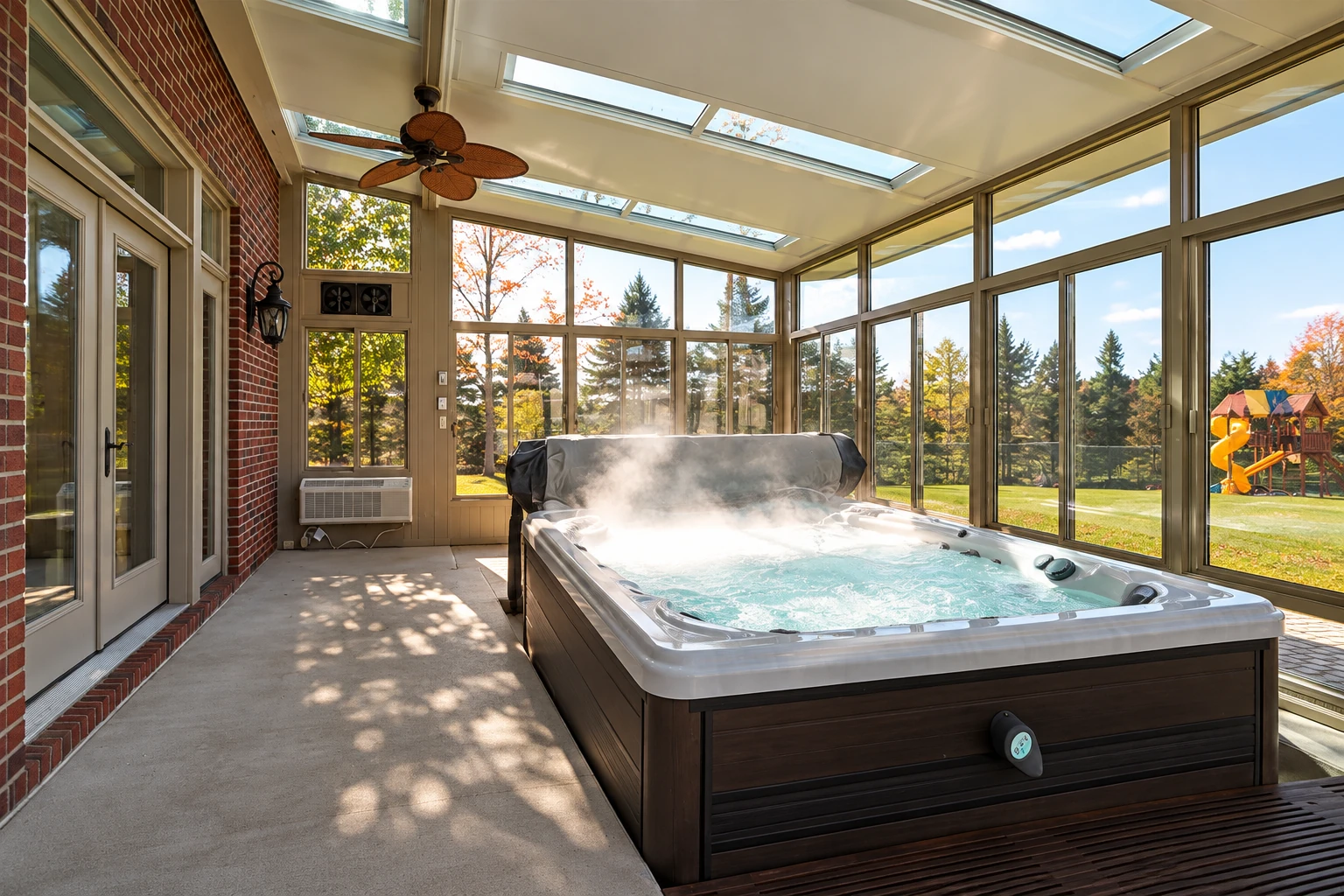 Glass solarium with skylights and a large bubbling hot tub, surrounded by trees visible through the windows.