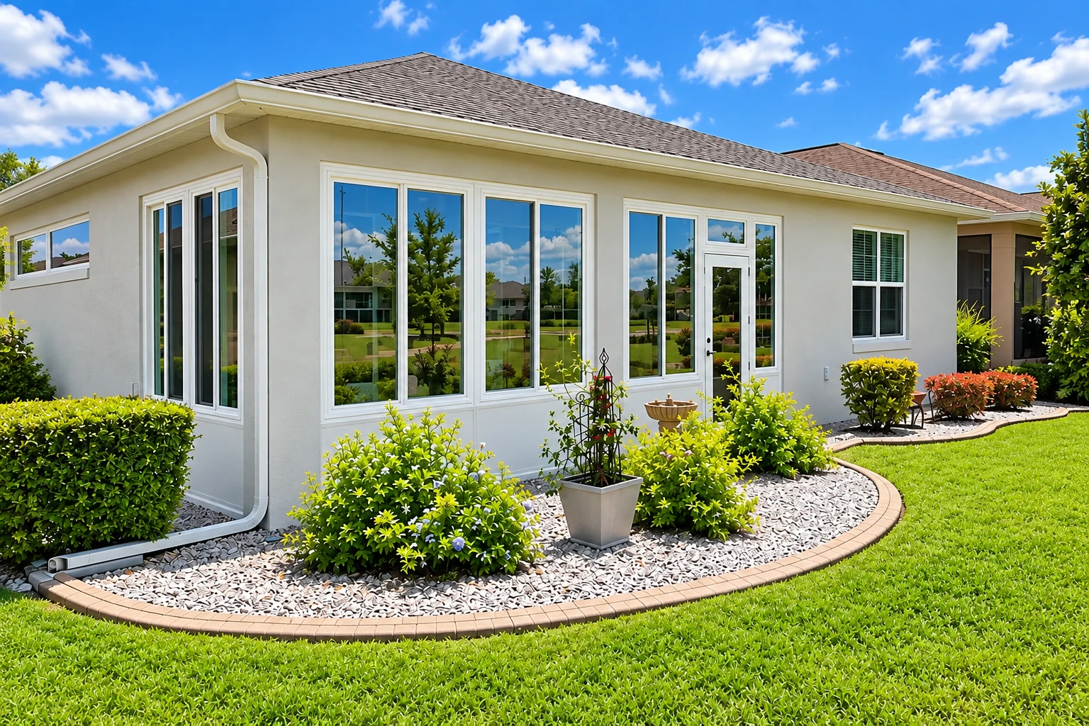 Sunroom addition with white exterior walls, large windows and a curved garden bed beside a green lawn.