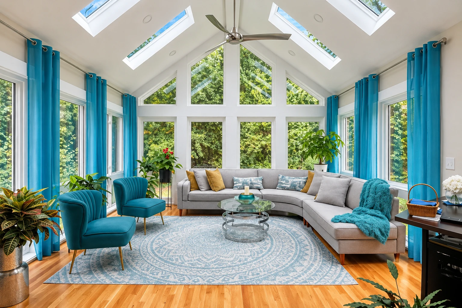 Bright sunroom with a vaulted skylit ceiling, large windows, teal curtains, gray sectional, and patterned rug.