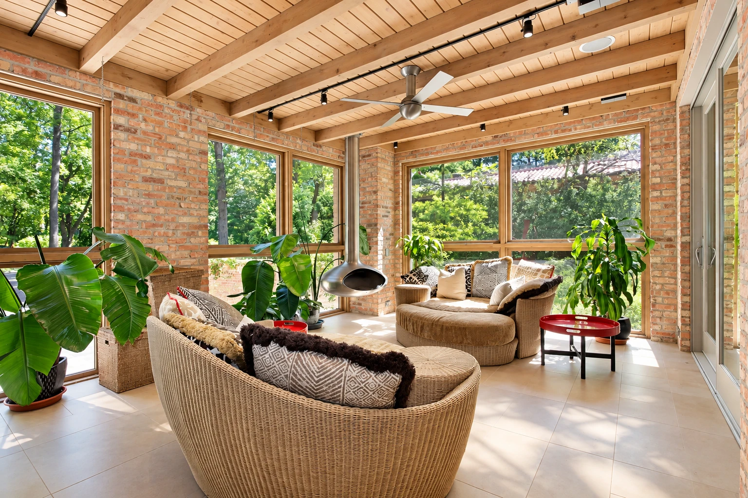 Sunroom with exposed wood ceiling beams, brick walls, wicker seating, and broad windows facing leafy greenery.