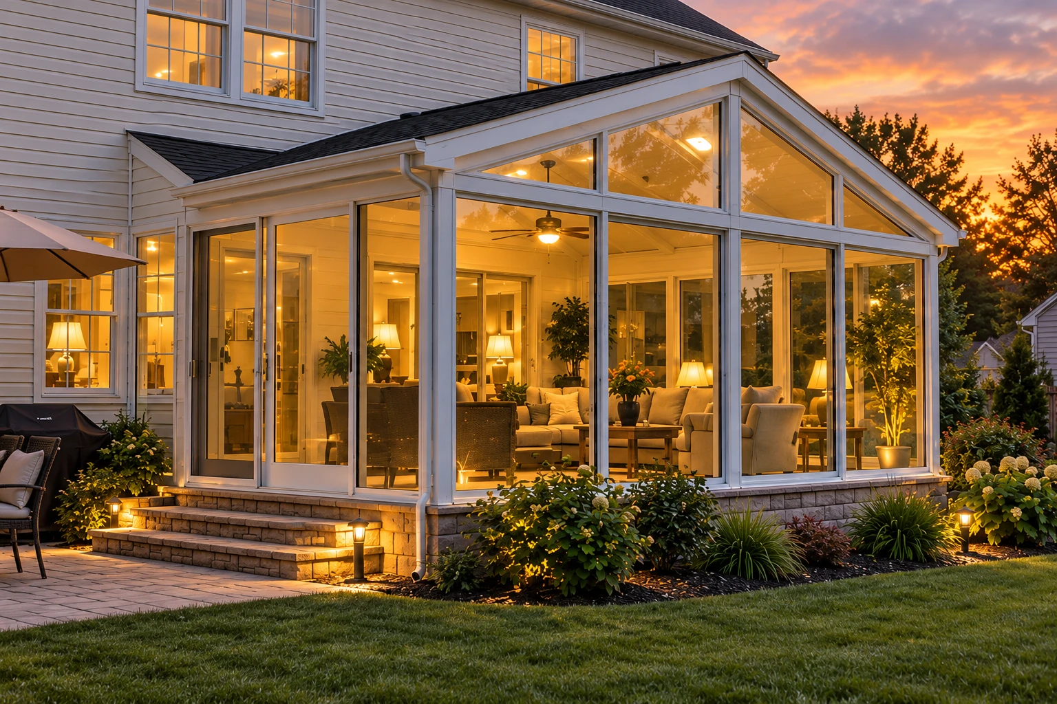 A white-framed, gabled sunroom glows at sunset, with large windows revealing a furnished interior.