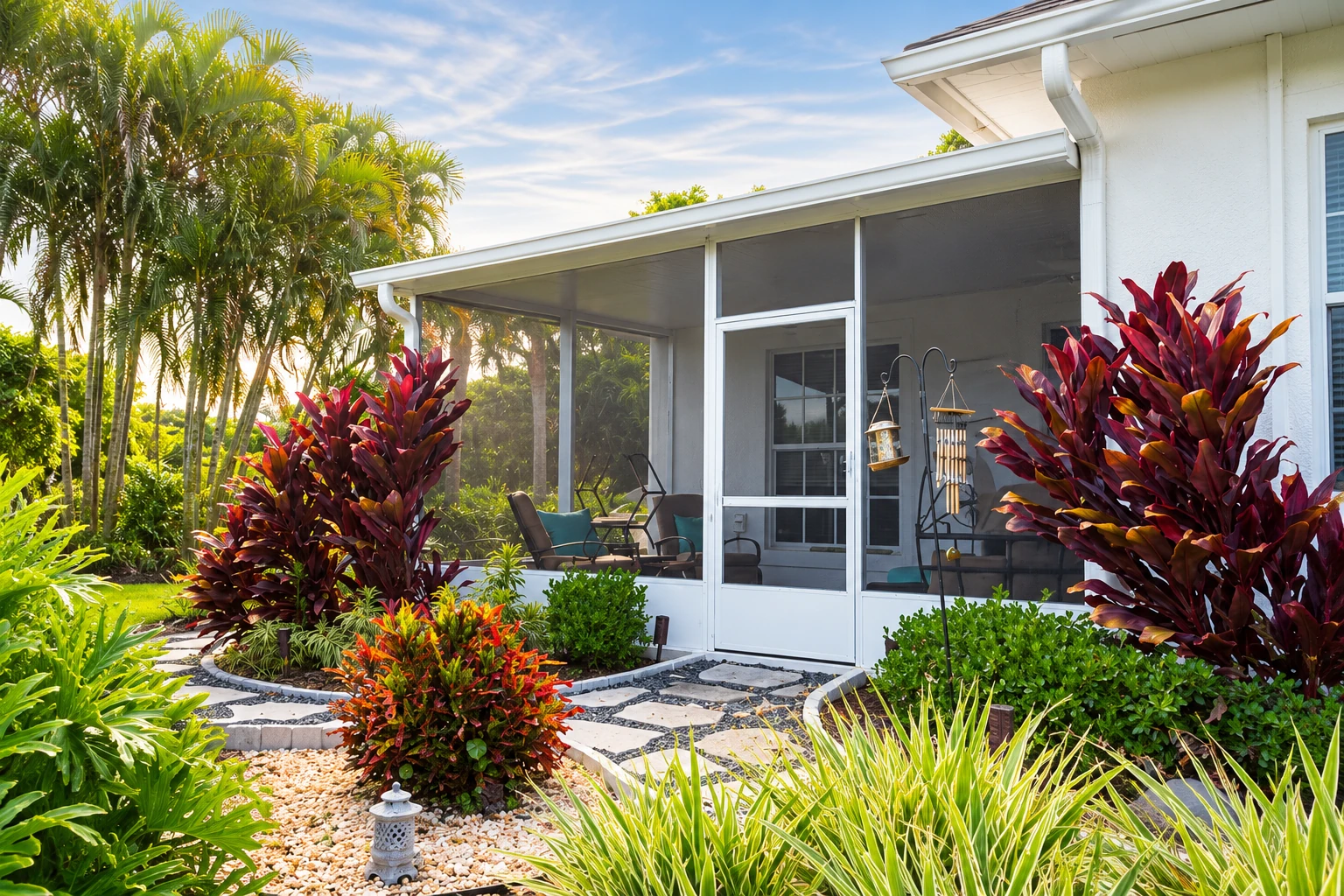 Screened three-season sunroom attached to a white house, surrounded by tropical plants and a stone garden path.