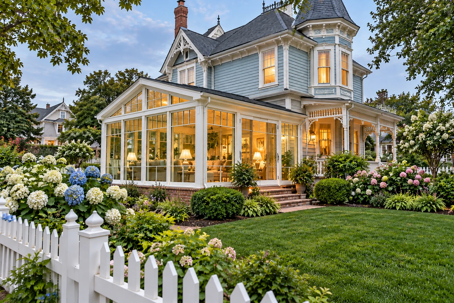 A blue Victorian-style house has a bright glass sunroom addition, framed by flowering hydrangeas and a white picket fence.