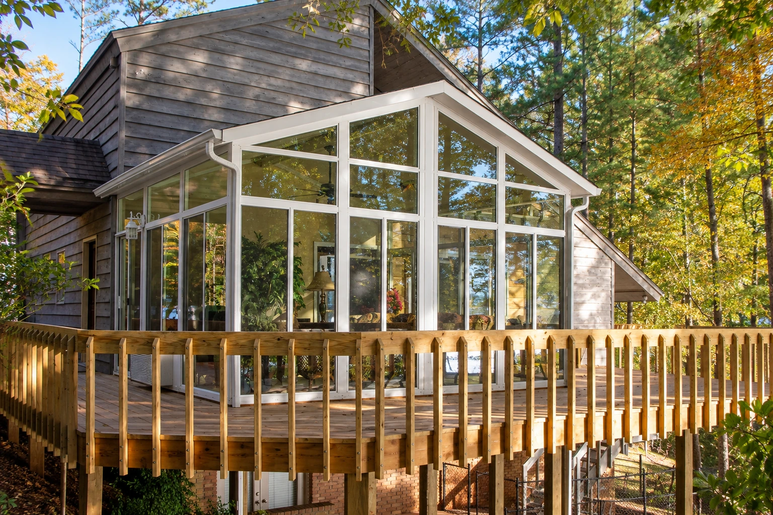 White-framed glass sunroom addition attached to a wood-sided house, raised above a deck amid autumn trees.